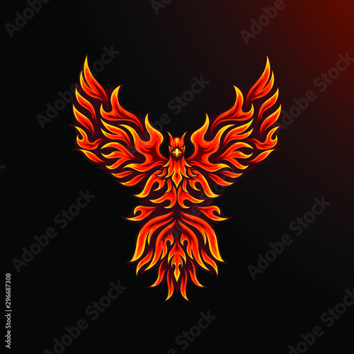 Phoenix mascot for sport and esport or gamer logo in fire color