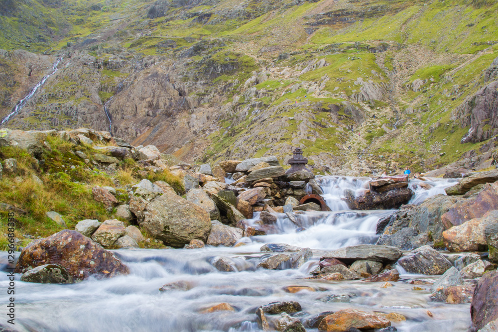 Long exposure picture of a landscape in the mountains of Snowdonia, Wales, with water rapids through boulders Long exposure picture of a landscape in the mountains of Snowdonia, Wales, with water rapids through boulders