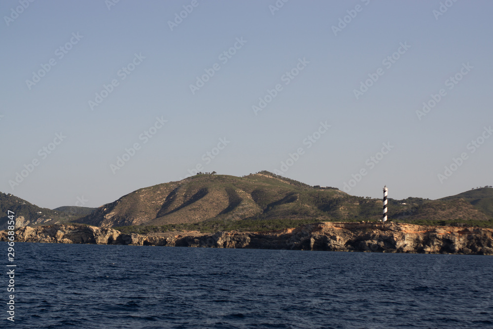 View from the yacht to the Balearic Islands. Beautiful landscape in the Mediterranean Sea