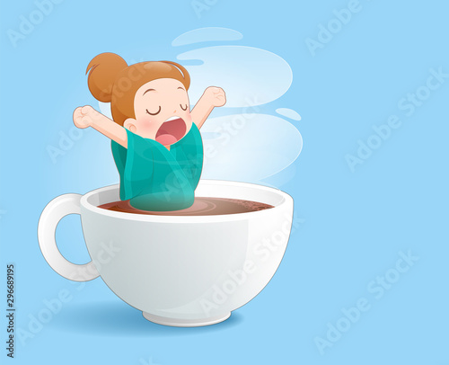 Yawning woman in a cup of black coffee