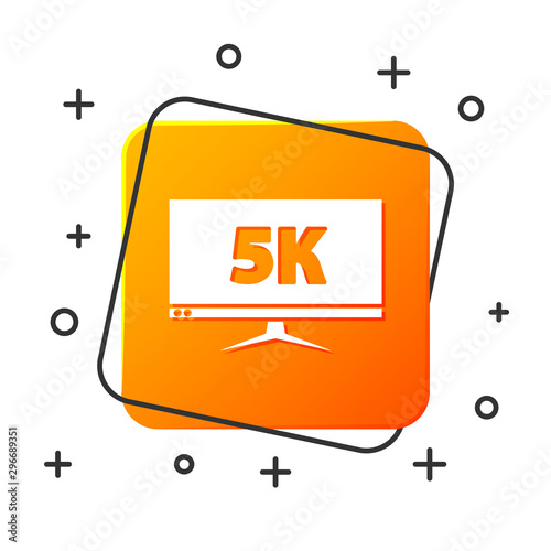 White Computer PC monitor display with 5k video technology icon isolated on white background. Orange square button. Vector Illustration