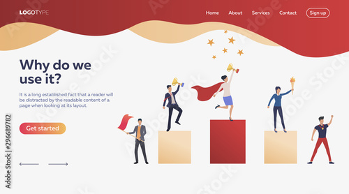 Workers winning awards. Award, competition, cup. Prize, ceremony, team interaction. Efficiency concept. Vector illustration can be used for topics like business, work, time management