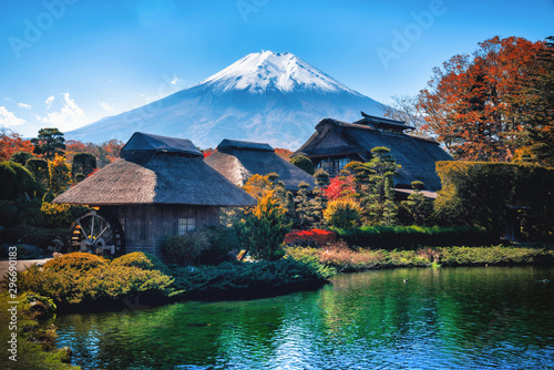 The ancient Oshino Hakkai village with Mt. Fuji in Autumn Season at Minamitsuru District, Yamanashi Prefecture, Japan. photo