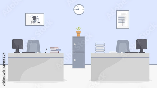 Bank office or insurance company interior: work tables with books and paper stand. Elegant interior with wall clock and abstract paintings.Home plant on safe.Vector illustration
