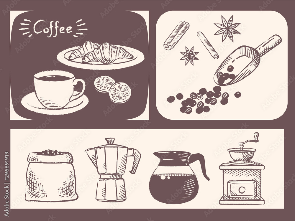Coffee and related items for cafe menu or other use. Vintage style. Vector illustration.