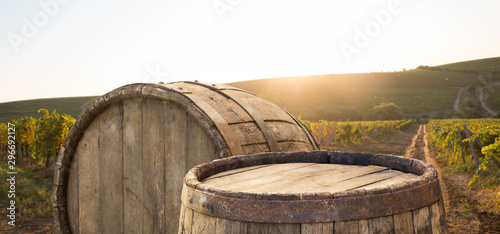 Tableau sur toile Red wine with barrel on vineyard in green Tuscany, Italy