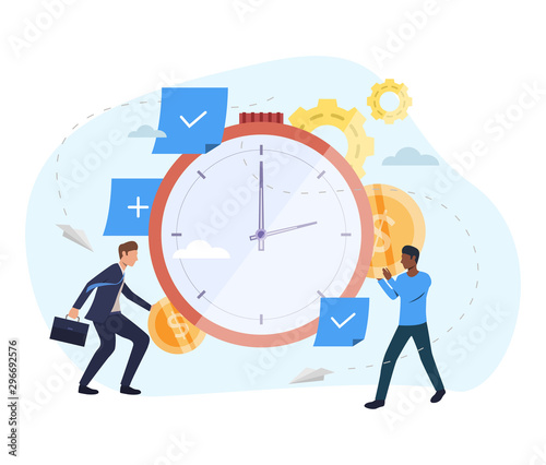 People investing money in watch illustration. Clock, coins, gears. Time is money concept. Vector illustration for topics like finance, investment, startup
