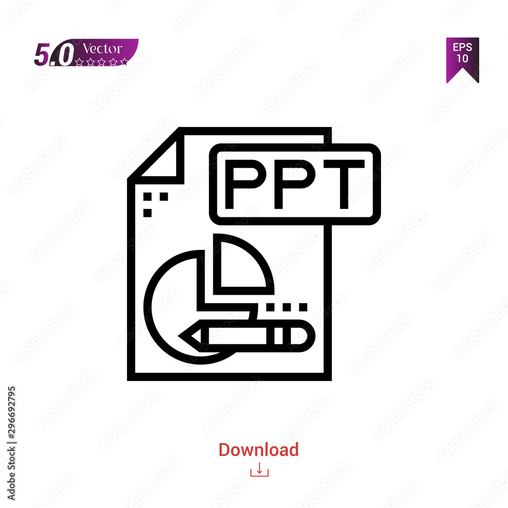 Outline ppt file icon isolated on white background. Popular icons for 2019 year. file-types. Graphic design, mobile application, logo, user interface. EPS 10 format vector Outline ppt file icon isolated on white background. Popular icons for 2019 year. file-types. Graphic design, mobile application, logo, user interface. EPS 10 format vector