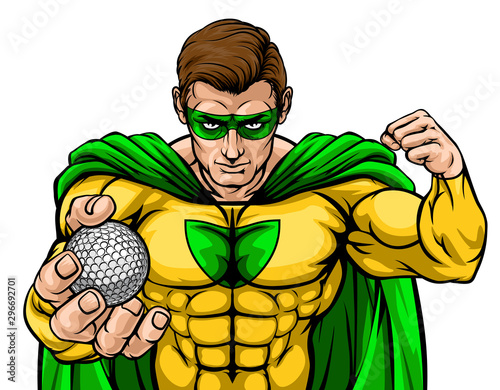 A superhero golf sports mascot holding a ball
