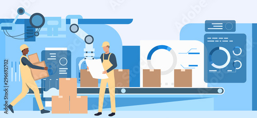 People working at factory landing pages. Operational workers, conveyor belt, assembly line. Industry concept. Vector illustration for topics like production, machine, blue color