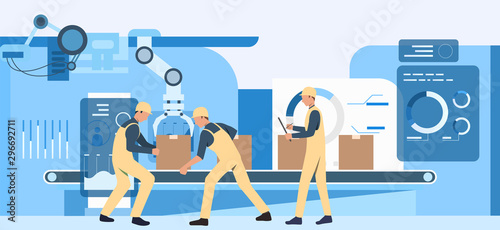 People working at factory webpage. Operational workers, conveyor belt, assembly line. Industry concept. Vector illustration for topics like production, machine, blue color