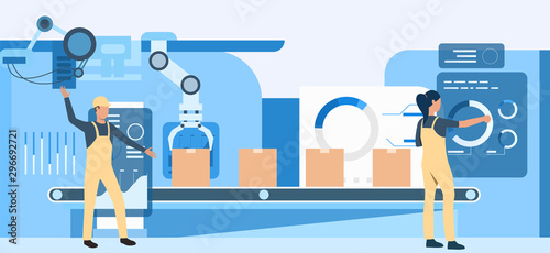 People working at factory. Operational workers, conveyor belt, assembly line. Industry concept. Vector illustration for topics like production, machine, blue color