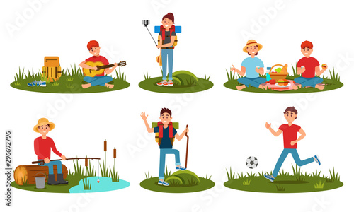 People Characters Spending Time At Summer Camp In Deep Forest. Cartoon Flat Vector Illustration