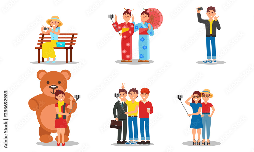 People Character Holding Selfie Stick Taking Photo In Places Vector Illustrations.