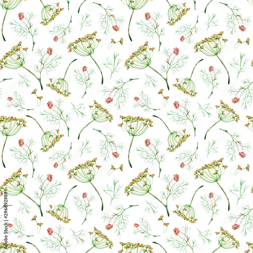 Seamless pattern of watercolor dill flowers and leaves. Greenery background.