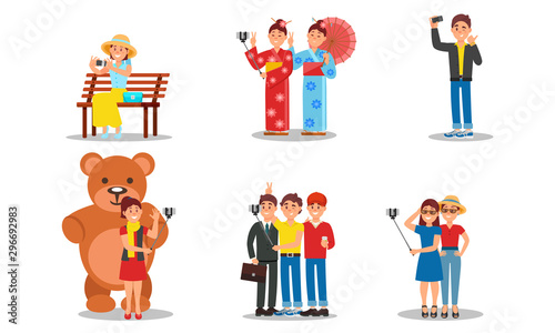 People Character Holding Selfie Stick Taking Photo In Places Vector Illustrations.