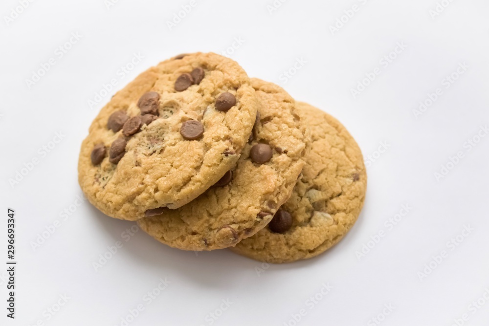 Chocolate chip cookies isolated on white background. Sweet biscuits. Homemade pastry. top view. Chocolate chip cookies isolated on white background. Sweet biscuits. Homemade pastry. top view.