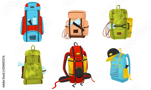 Camping Backpacks. Colorful Vector Illustrated Set. Adventure Sacks For Expedition Concepts photo