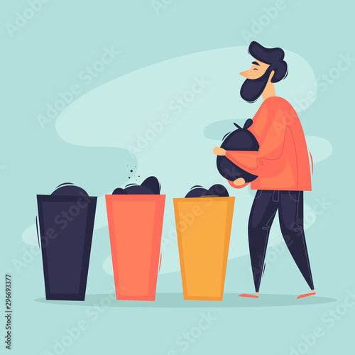 Man sorts garbage, ecology, pollution. Flat design vector illustration.