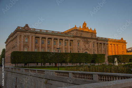 Government buildings and castle at sunrise in autumn in Stockholm
