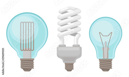 Fluorescent Lightbulbs Vector Illustrated Set. Energy Saving Light Bulbs