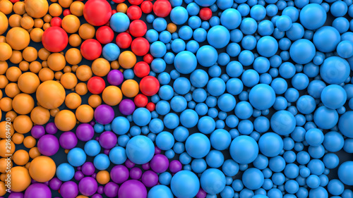 3d render of blue flat surface covered by vibrant blue, red, purple and blue balls.
