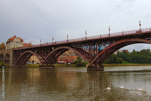 Cloudy autumn day in Maribor. Old Bridge over Drava River reflected in water. Group of white swans swimming near the river bank. Travel and tourism concept. Maribor, Slovenia