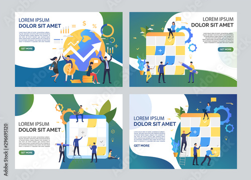 Project management illustration set. Team sticking notes on planning board, analyzing financial growth diagram. Business concept. Vector illustration for topics like finance, startup marketing