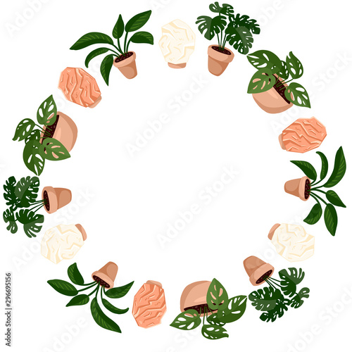 Cute pottted plants and salt lamps cartoon style wreath ornamenrt design. Set of hygge succulent plants. Cozy lagom scandinavian style collection of plants photo