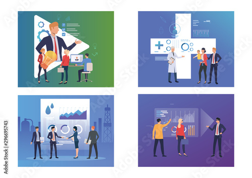 Consulting expert illustration set. People meeting with partners, visiting doctor, watching webinar. Communication concept. Vector illustration for landing pages, presentation slide templates