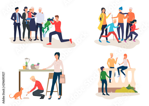 Family activities illustration set. People with children posing for camera, hiking, cooking, feeding pet. Lifestyle concept. Vector illustration for landing pages, presentation slide templates