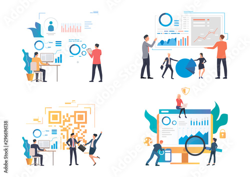 Marketing analysis illustration set. Professionals analyzing graph, chart, diagram, report. Business concept. Vector illustration for landing pages, presentation slide templates