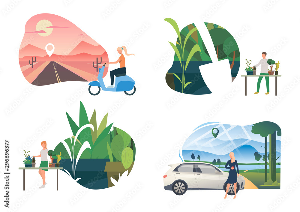 Planting illustration set. People caring about home plants, travelling outdoors by car or scooter. Activity concept. Vector illustration for topics like environment, ecology, eco tourism <span>plik: #296696377 | autor: SurfupVector</span>