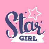 Handwritten vector lettering with stars and white ribbon on pink background.