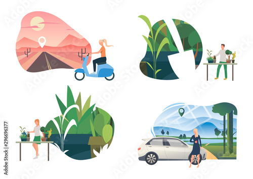Planting illustration set. People caring about home plants, travelling outdoors by car or scooter. Activity concept. Vector illustration for topics like environment, ecology, eco tourism