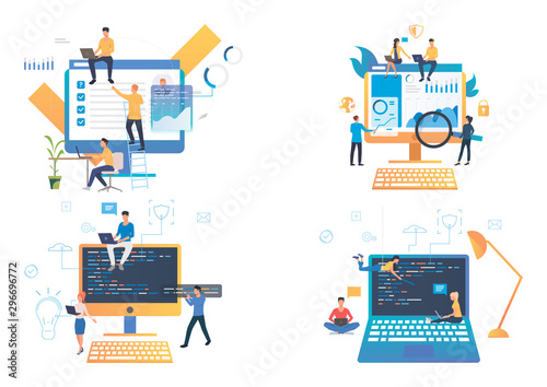 Work on computer illustration set. Users completing survey, analyzing graphs, coding. Analysis concept. Vector illustration for landing pages, presentation slide templates