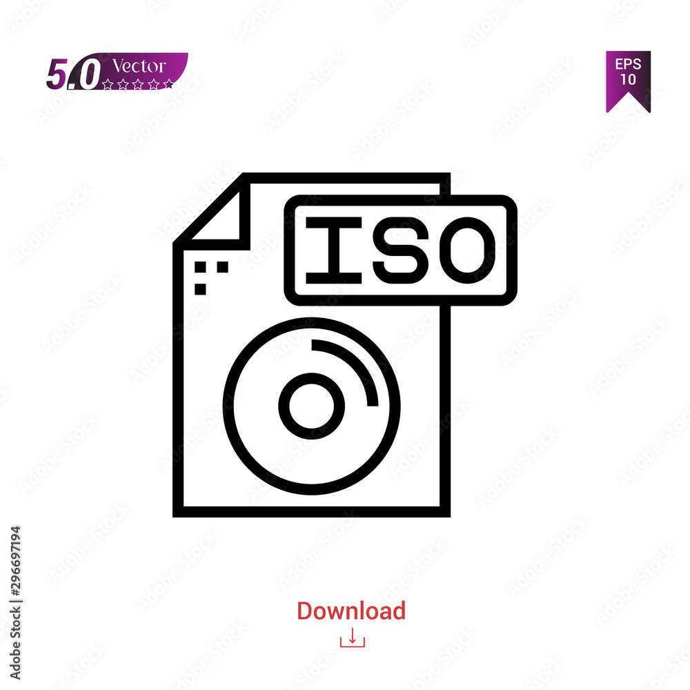 Outline iso file icon isolated on white background. Popular icons for 2019 year. file-types. Graphic design, mobile application, logo, user interface. EPS 10 format vector