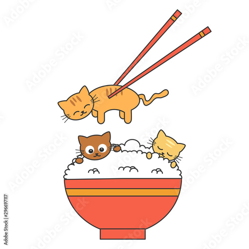 cute cartoon rice bowl with cats and chopsticks funny vector illustration