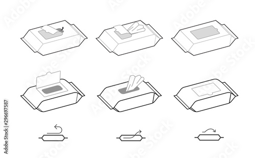 Instruction for open wet wipes pack. Vector icons on white background. Ready for your design. EPS10.