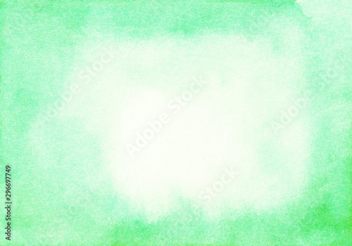 Watercolor light emerald frame background texture. Aquarelle abstract bright soft green backdrop. Watercolour horizontal trendy template. Textured paper.