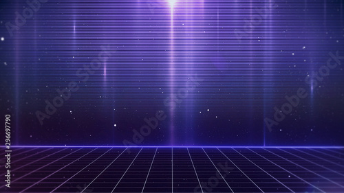 Retro Sci-Fi Background Futuristic Grid landscape of the 80`s. Digital Cyber Surface. Suitable for design in the style of the 1980`s. 3D illustration