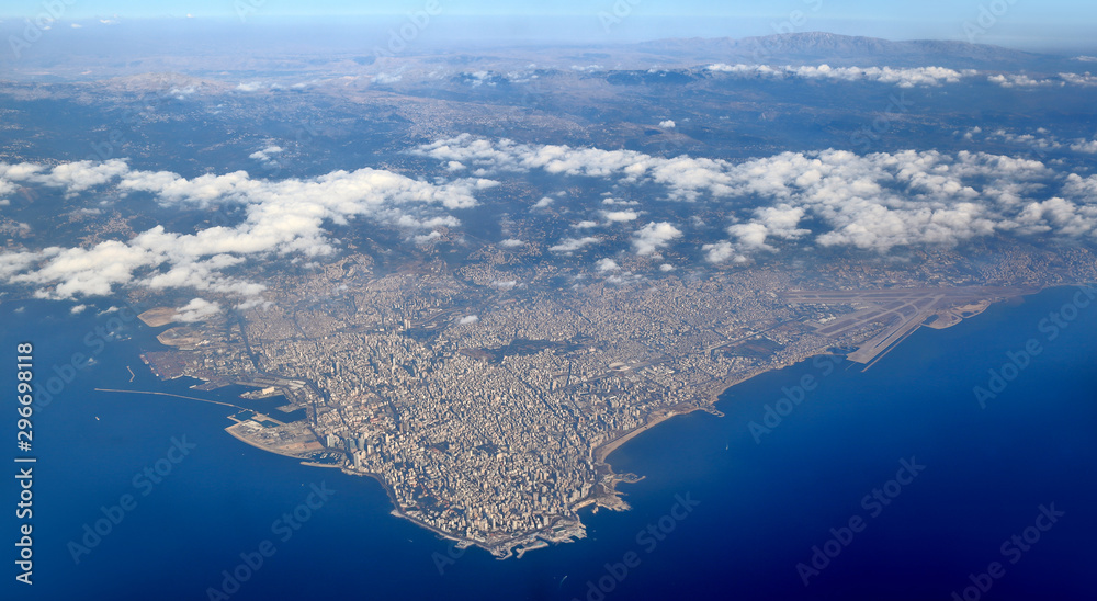 Fototapeta premium Aerial view of Lebanon from the mountains to the sea, with the entire city of Beirut in view.