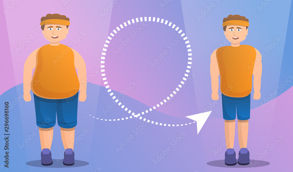 Overweight sportsman transformation concept banner. Cartoon illustration of overweight sportsman transformation vector concept banner for web design