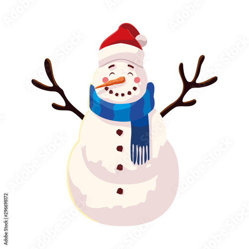 cute snowman with hat and scarf on white background