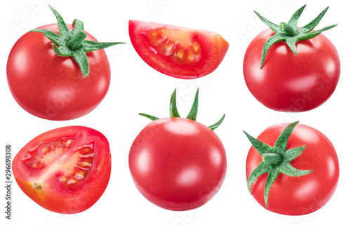 Collection of tomatoes and slices of tomatoes isolated on white background. Clipping path.