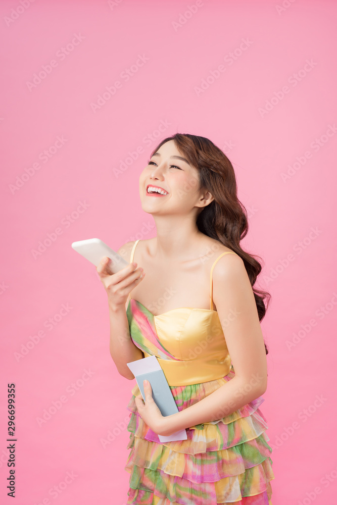 Beautiful travel girl using smart phone isolated on white background Beautiful travel girl using smart phone isolated on white background