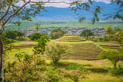 Archeological zone of Guachimontones in the state of Jalisco, Mexico. Pyramid with summer landscape and blue sky