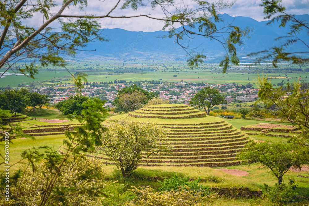Archeological zone of Guachimontones in the state of Jalisco, Mexico. Pyramid with summer landscape and blue sky