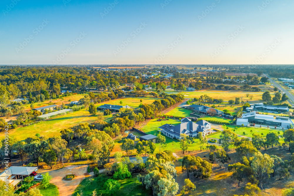 Rural houses and agricultural land at sunset in Moama, NSW, Australia