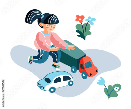 Girl playing with car toys flat illustration